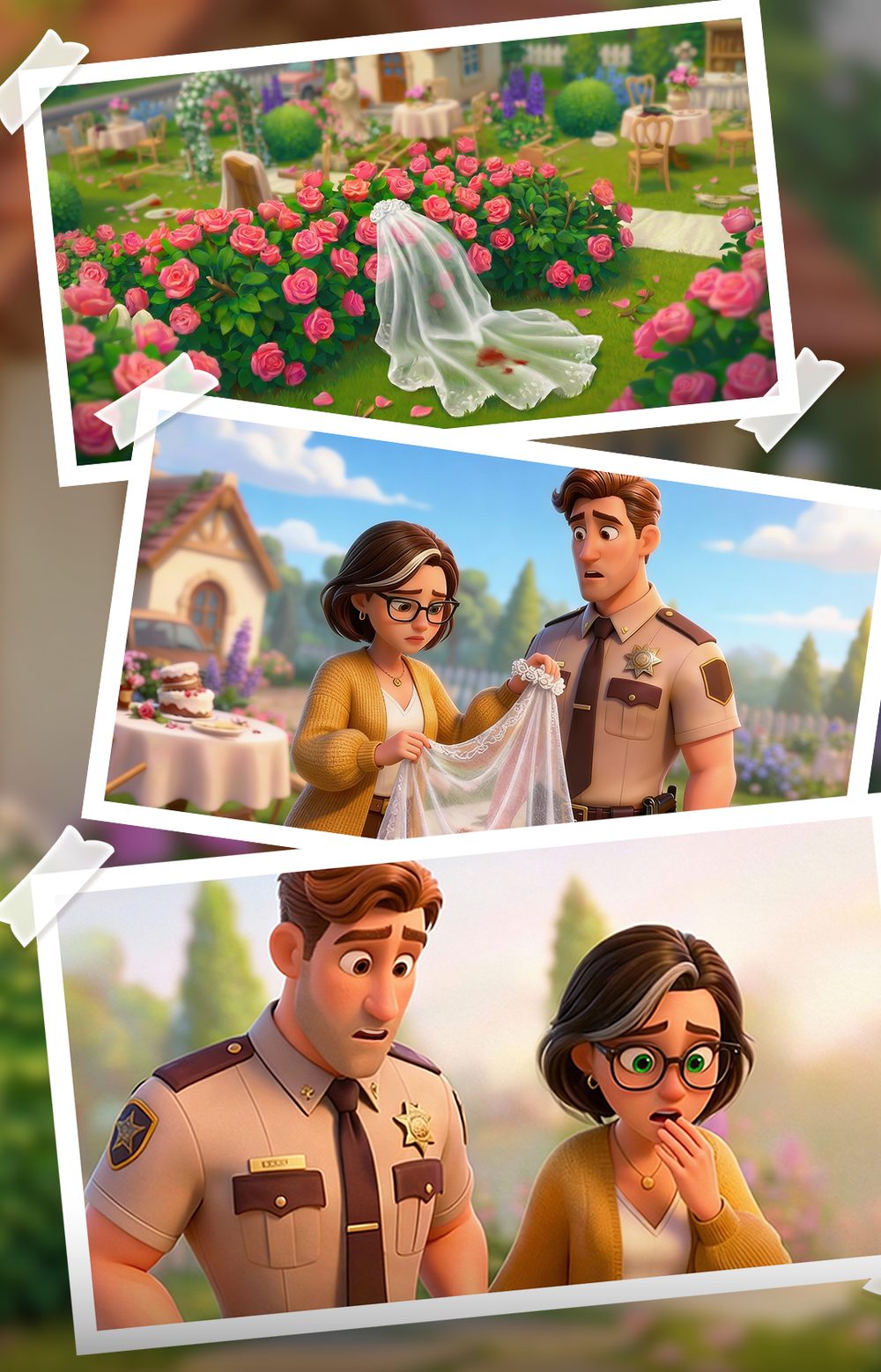 Garden Getaway key art — a bridal veil in a rose garden and the sheriff questioning a witness