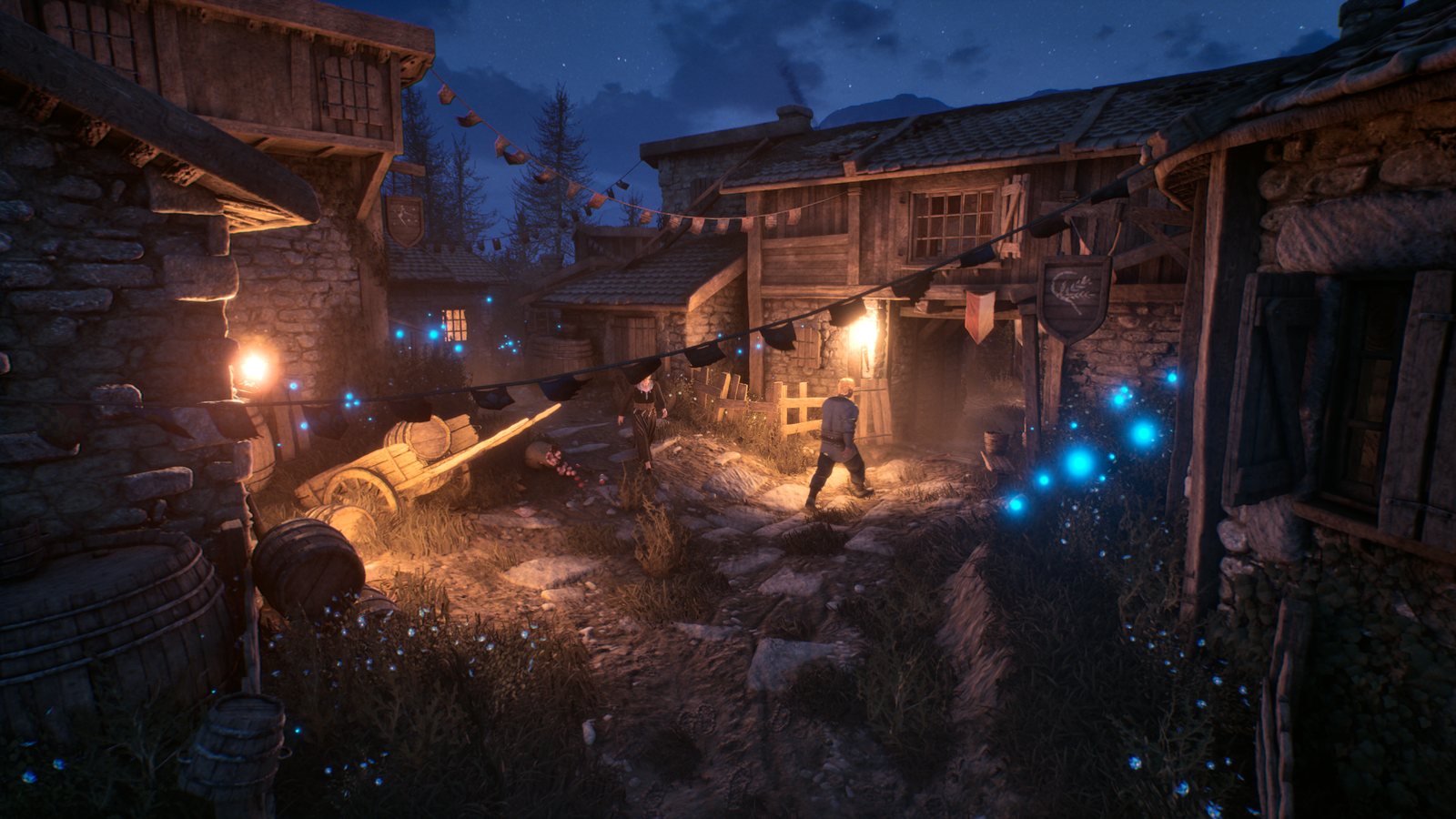 Lantern-lit village street with two villagers