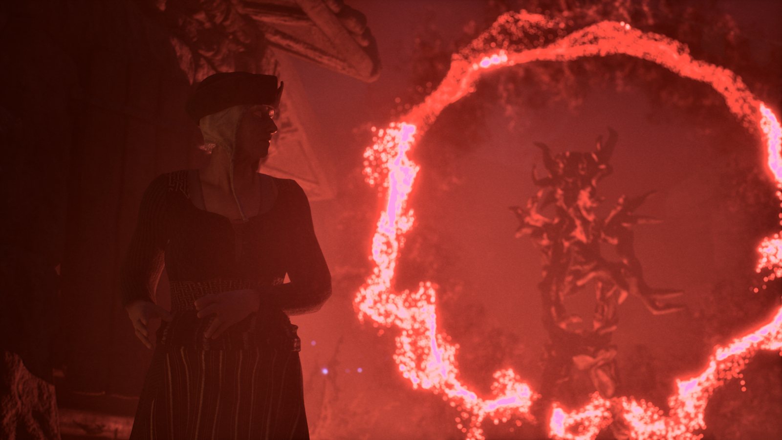 A villager as the forest guardian appears through a ring of red light