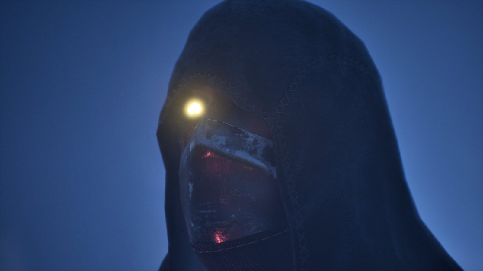 Close-up of the hooded assassin with a glowing eye