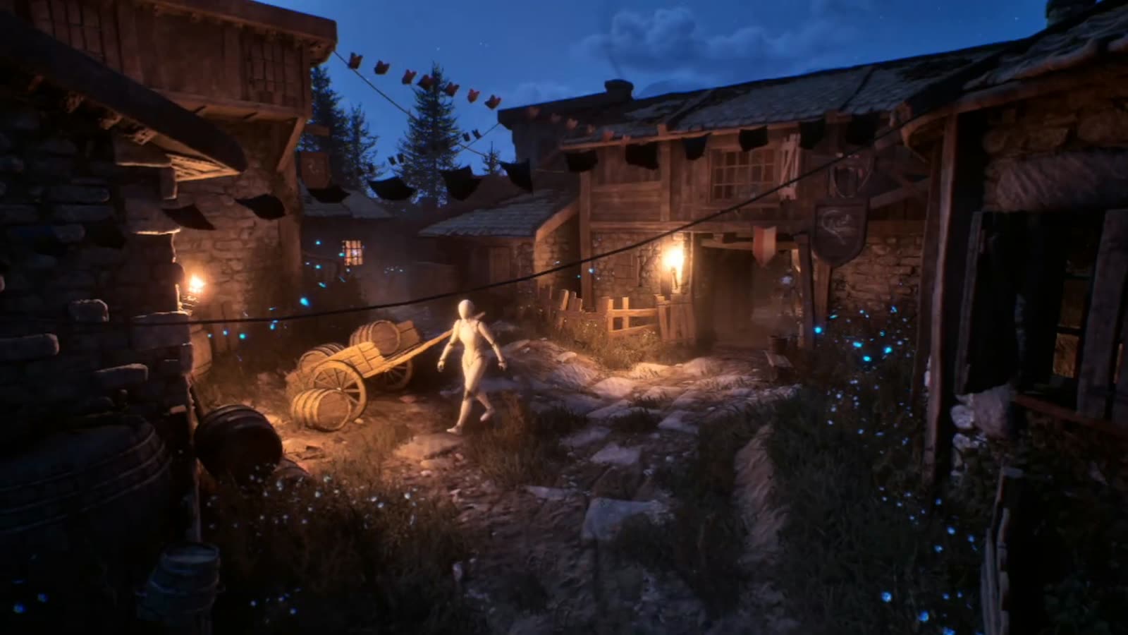 Village street at dusk with lanterns