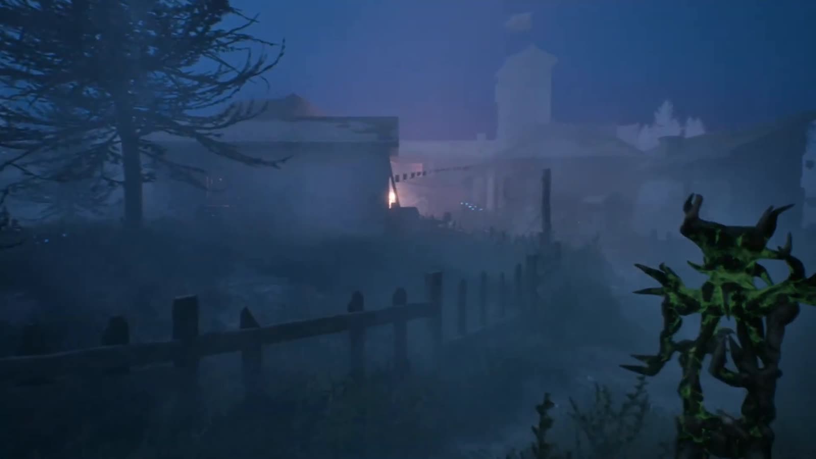 Fog rolling through the village at night
